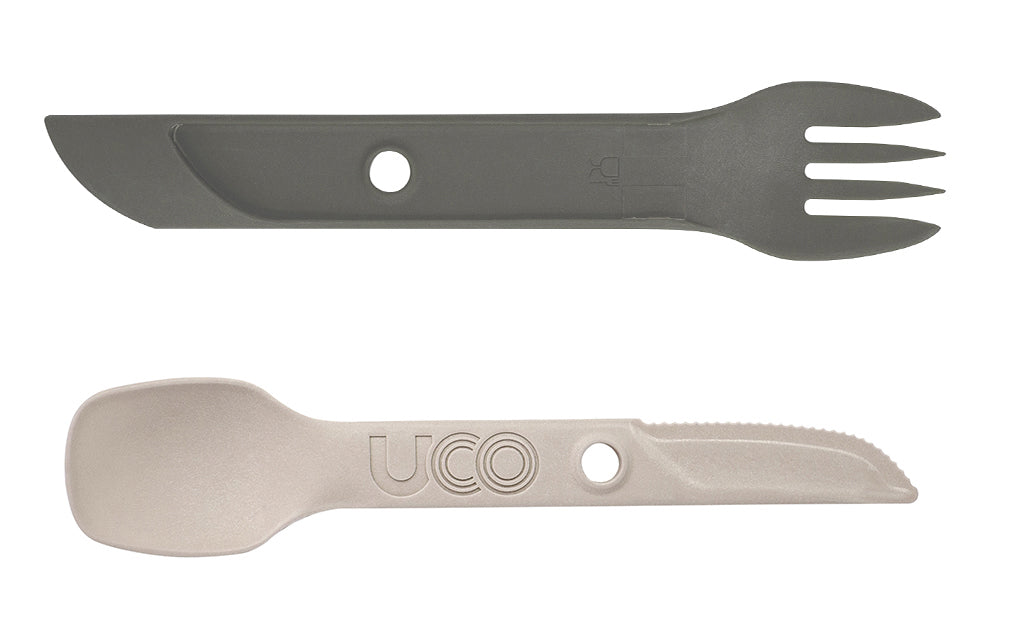 UCO Switch set di posate con occhiello per il fissaggio e supporto per forchetta Spork, sand