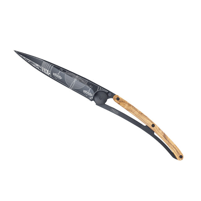 Deejo Tattoo coltello di chiusura in legno d'ulivo nero Libra