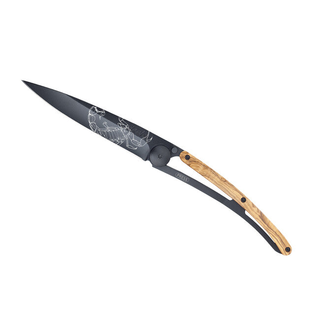Deejo Tattoo coltello da chiusura nero in legno d'ulivo Scorpio