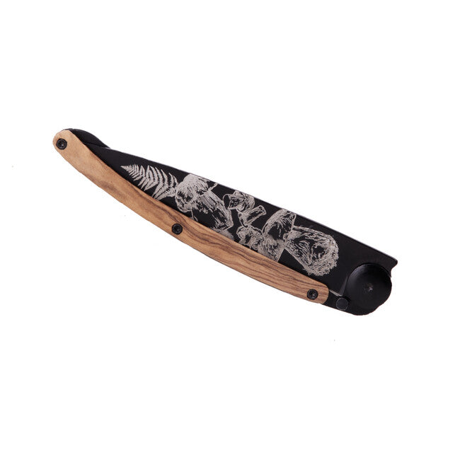 Deejo Tattoo Coltello pieghevole Legno d'oliva nero Fungo
