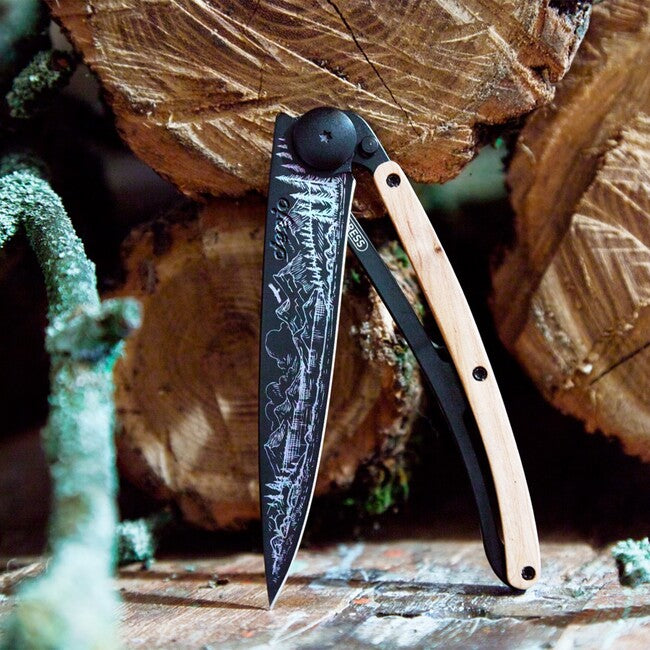 Deejo Tattoo coltello di chiusura legno di ginepro nero montagna
