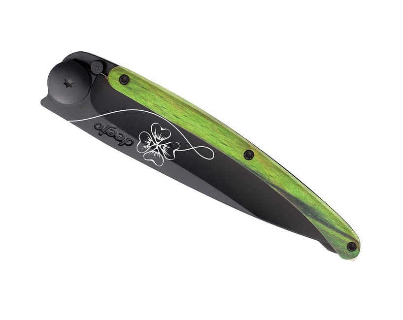 Deejo Tattoo coltello pieghevole Nero faggio verde Lucky Charm