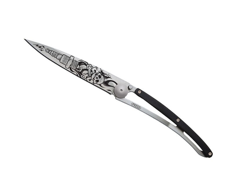 Deejo Tattoo Biker Folding Knife, Ebony Wood