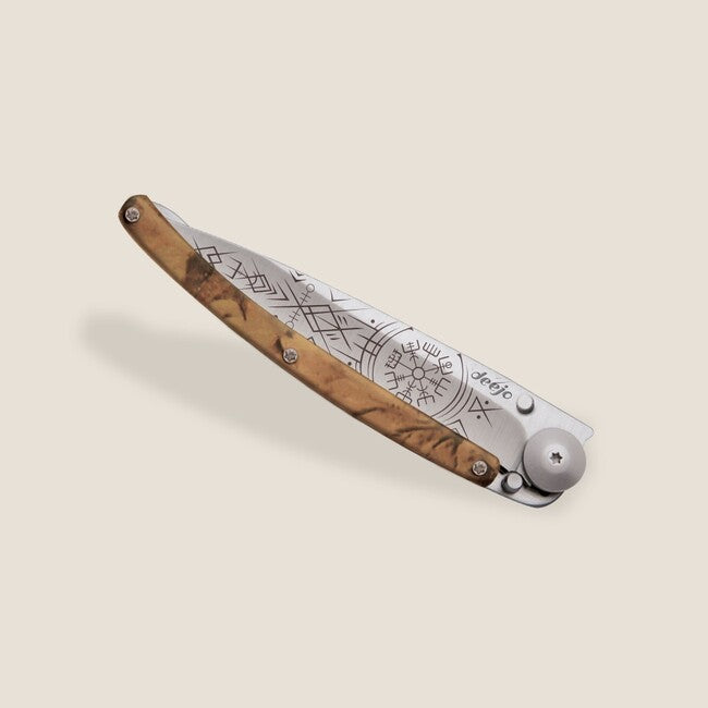 Deejo Tattoo Serration coltello di chiusura, marrone camo Viking Vegvisir