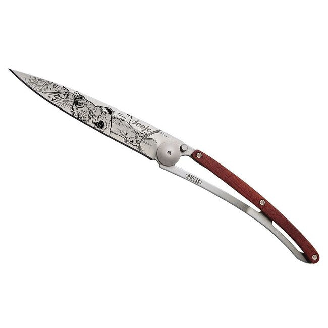 Deejo Tattoo Hunting Folding Knife, Coralwood