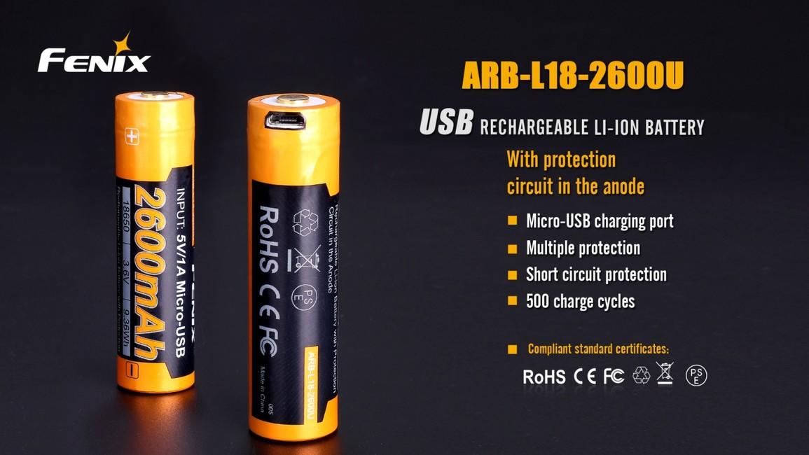Fenix batteria ricaricabile usb 18650 2600 mAh Li-Ion
