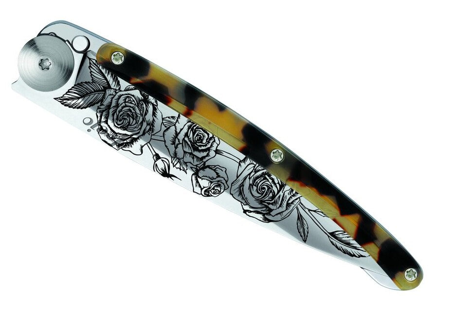 Deejo Tattoo coltello di chiusura specchio tartaruga scuro Rose