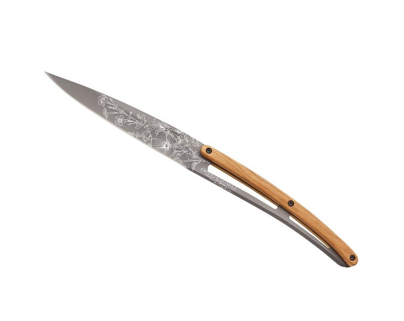 Deejo Tattoo set di 6 coltelli da bistecca, grigio titanio legno d'oliva Blossom