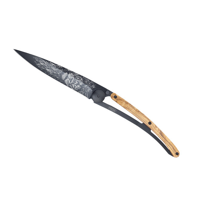 Deejo Tattoo Coltello di chiusura Legno di oliva nero Leo