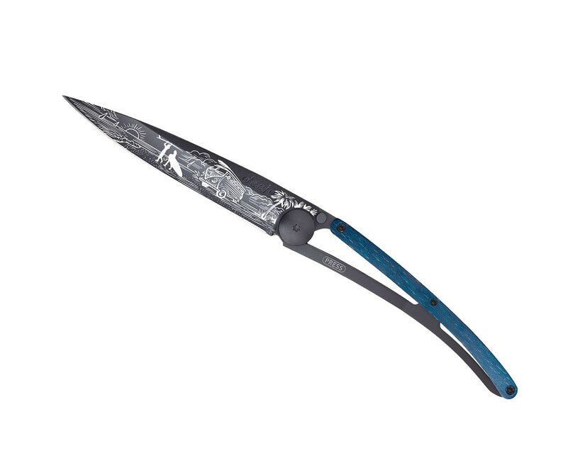Deejo Tattoo coltello pieghevole, nero faggio blu Van Life
