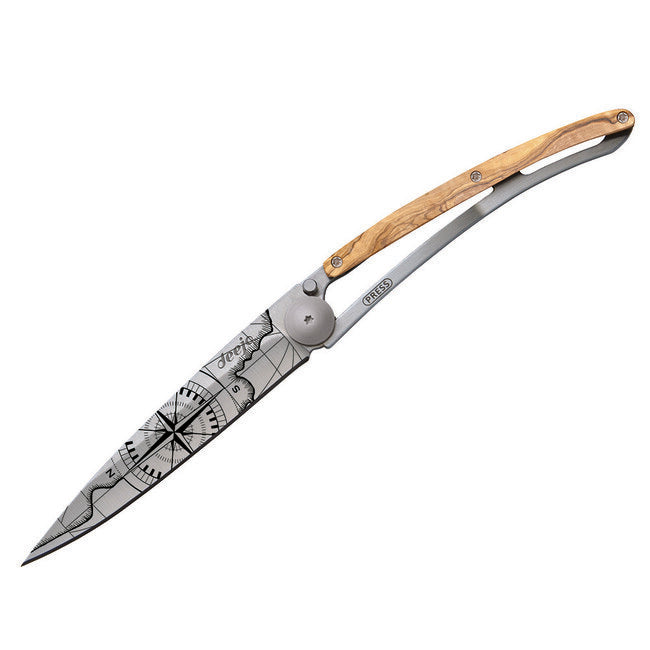 Deejo Tattoo coltello da chiusura in legno d'ulivo Terra incognita