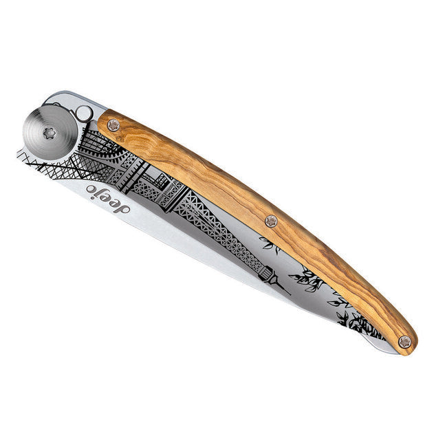 Deejo Tattoo coltello di chiusura Specchio in legno d'ulivo Torre Eiffel