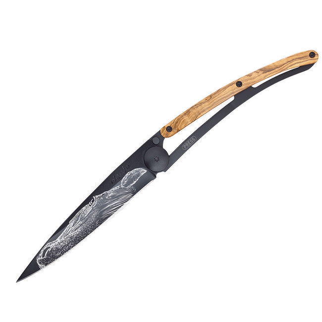Deejo Warmblood coltello da chiusura nero tatuaggio legno d'ulivo