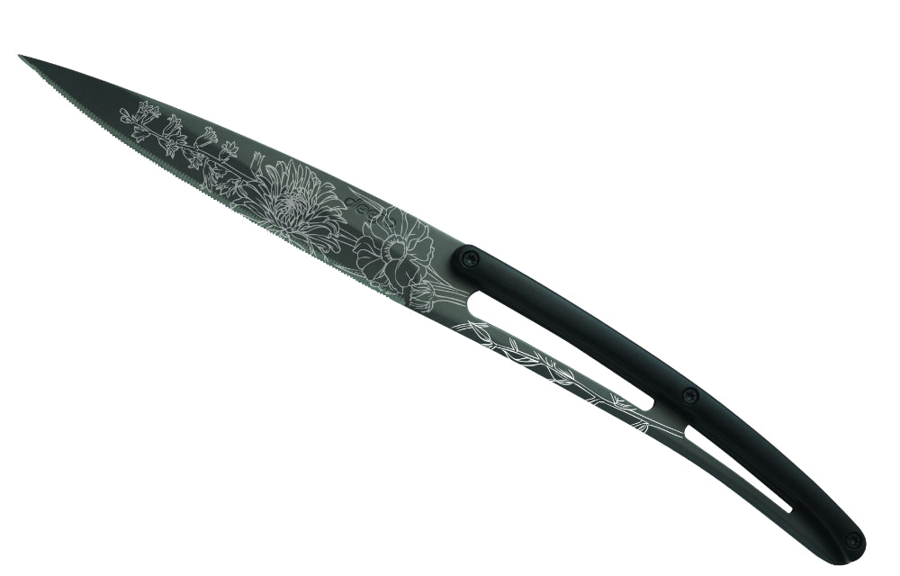 Deejo set di 6 coltelli da bistecca lama nera in titanio lama seghettata manico nero abs design Blossom