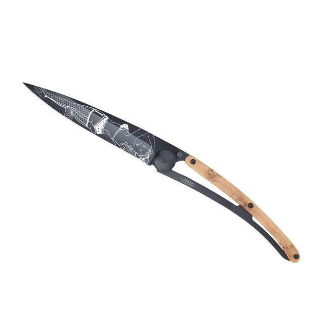 Deejo Tattoo coltello di chiusura Legno di ginepro nero Pin up