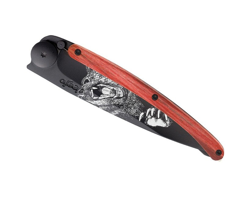 Deejo Tattoo coltello pieghevole, nero faggio rosso grizzly