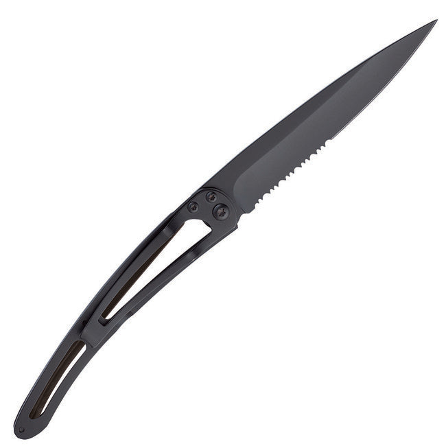 Deejo Coltello di chiusura seghettato, nero carbonio