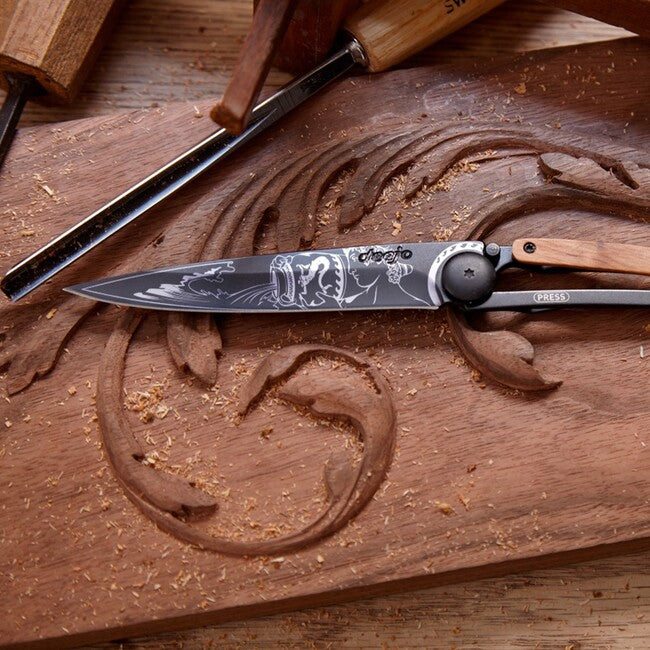 Deejo Tattoo coltello di chiusura Legno d'ulivo nero, acquario