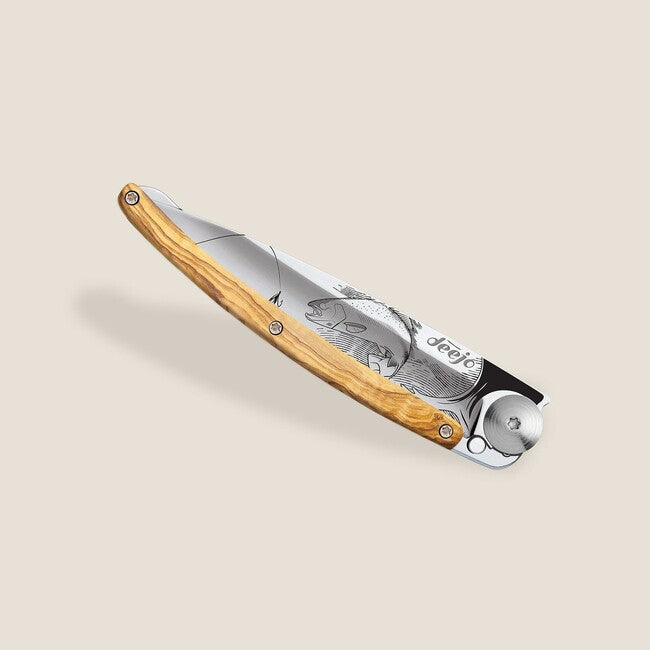 Deejo Tattoo coltello chiusura Specchio legno d'ulivo Trota