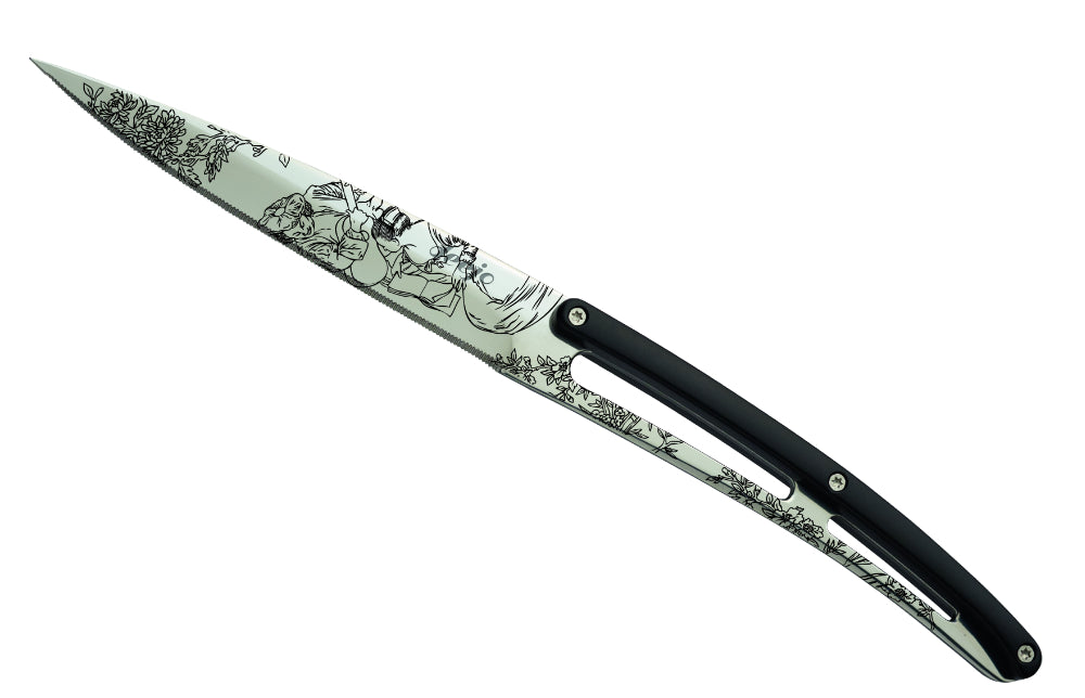 Deejo set di 6 coltelli da bistecca lama lucida bordo seghettato manico nero abs design Toile de Jouy