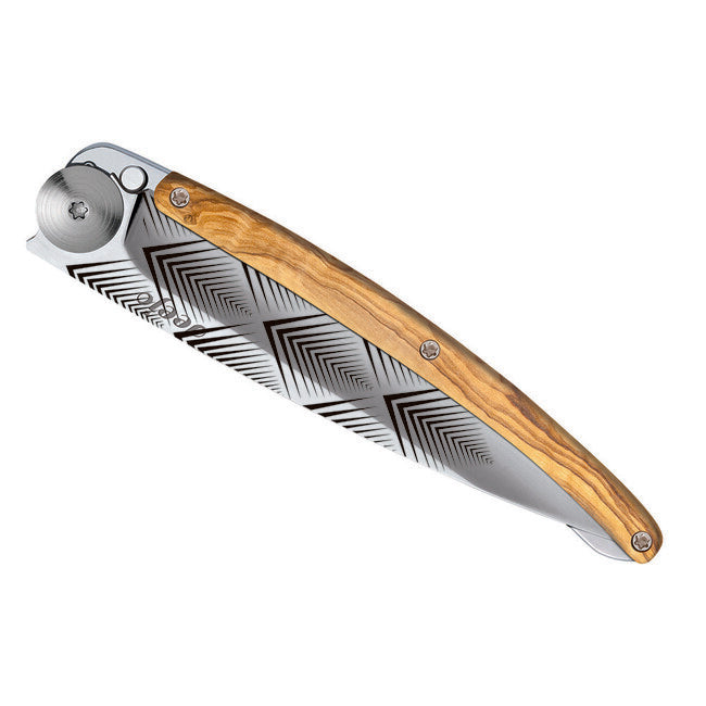 Deejo Tattoo Coltello di chiusura Specchio in legno d'ulivo Art Déco