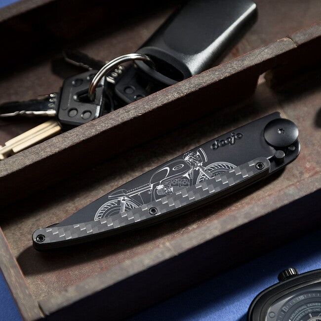 Deejo Tattoo Coltello di chiusura in fibra di carbonio Café Racer, nero