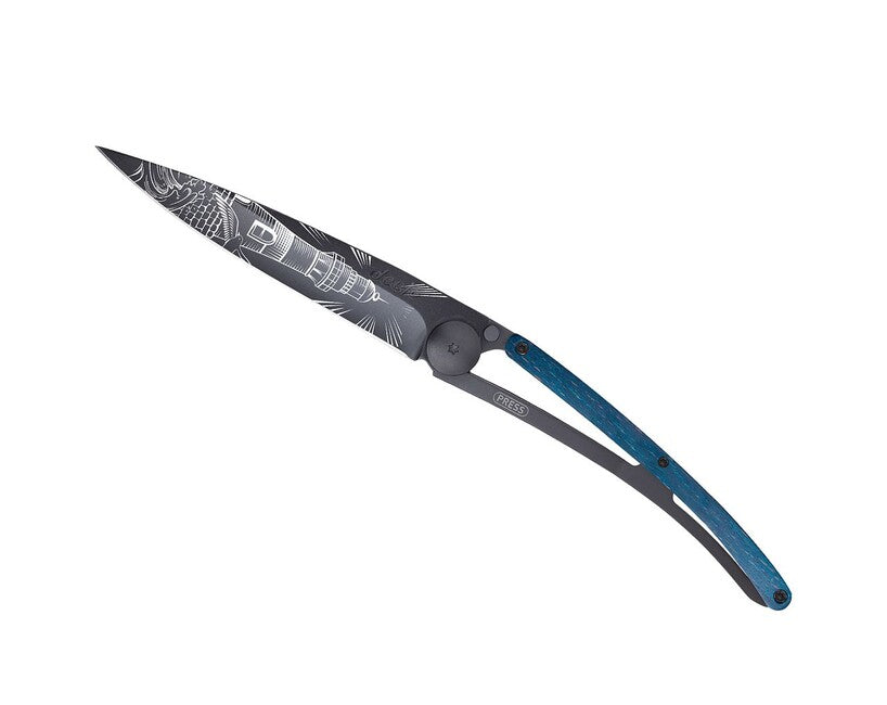 Deejo Tattoo Coltello pieghevole, faro nero blu faggio