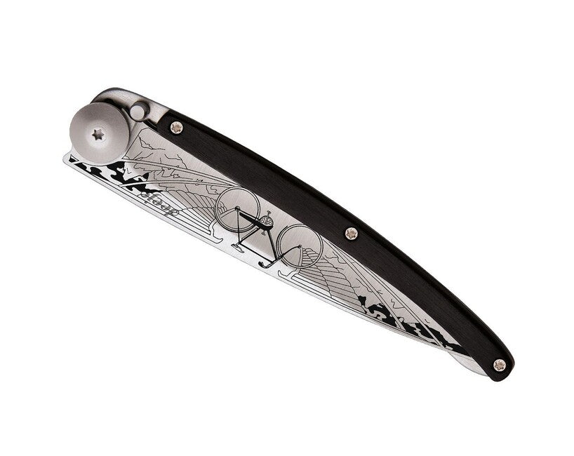 Deejo Tattoo Folding Knife, Ebony Wood, Bicycle
