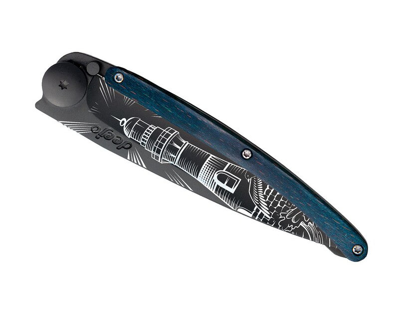 Deejo Tattoo Coltello pieghevole, faro nero blu faggio