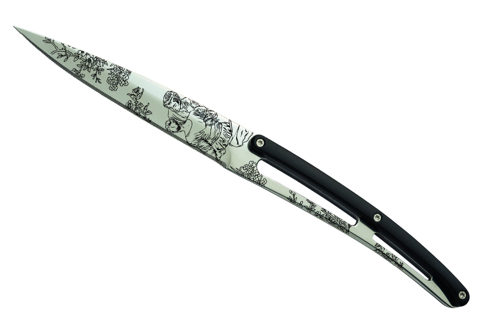 Deejo set di 6 coltelli da bistecca lama lucida bordo seghettato manico nero abs design Toile de Jouy