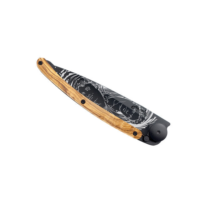 Deejo Gemini coltello di chiusura Tattoo in legno d'ulivo nero