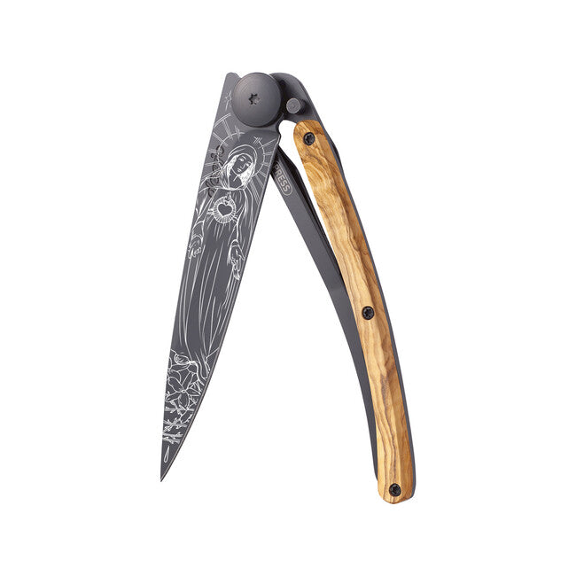 Deejo Virgo coltello di chiusura tattoo legno d'ulivo nero