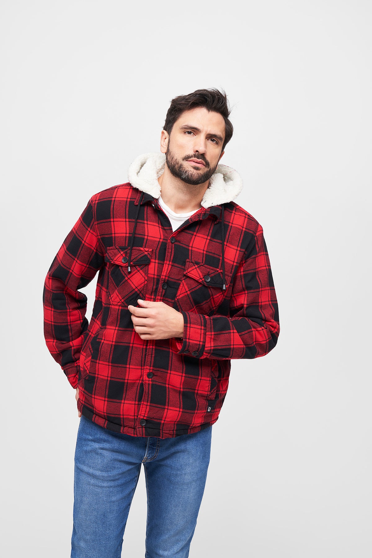 Brandit Lumberjacket bunda s kapucňou, červeno-čierna