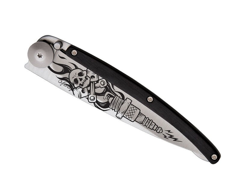 Deejo Tattoo Biker Folding Knife, Ebony Wood