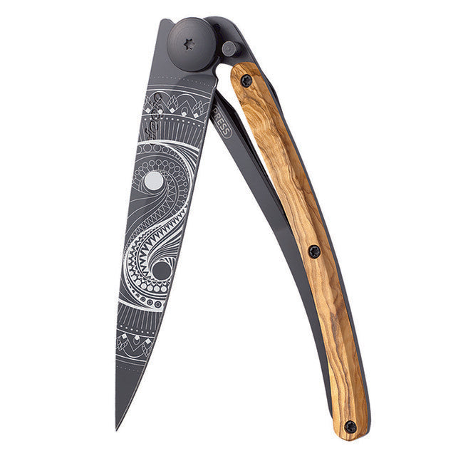 Deejo Tattoo coltello da chiusura Legno d'ulivo nero Yin Yang