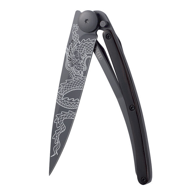 Deejo Coltello di chiusura Tatuaggio nero in legno d'ebano Drago giapponese
