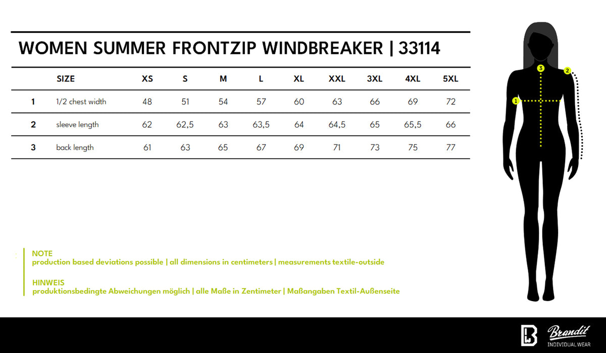 Veľkostná tabuľka Women Summer Frontzip Windbreaker