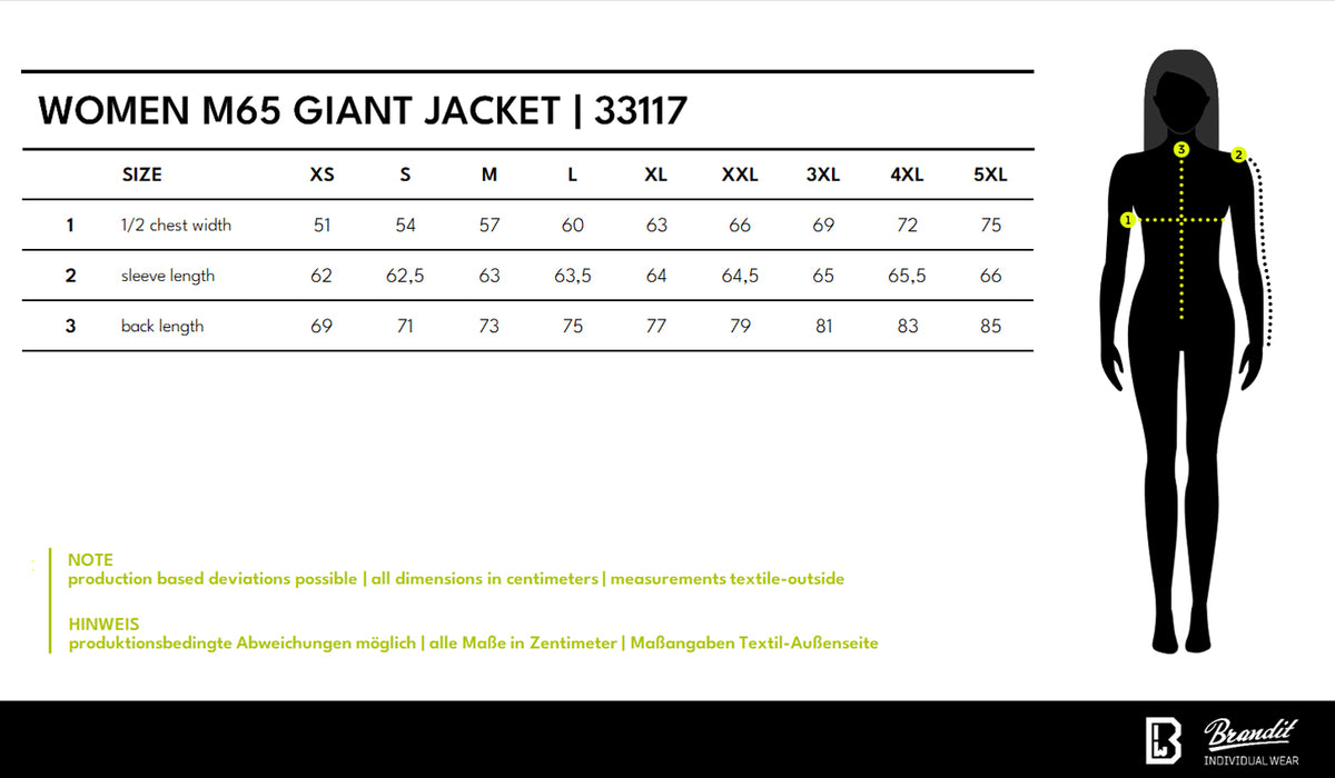Veľkostná tabuľka Women M65 Giant Jacket