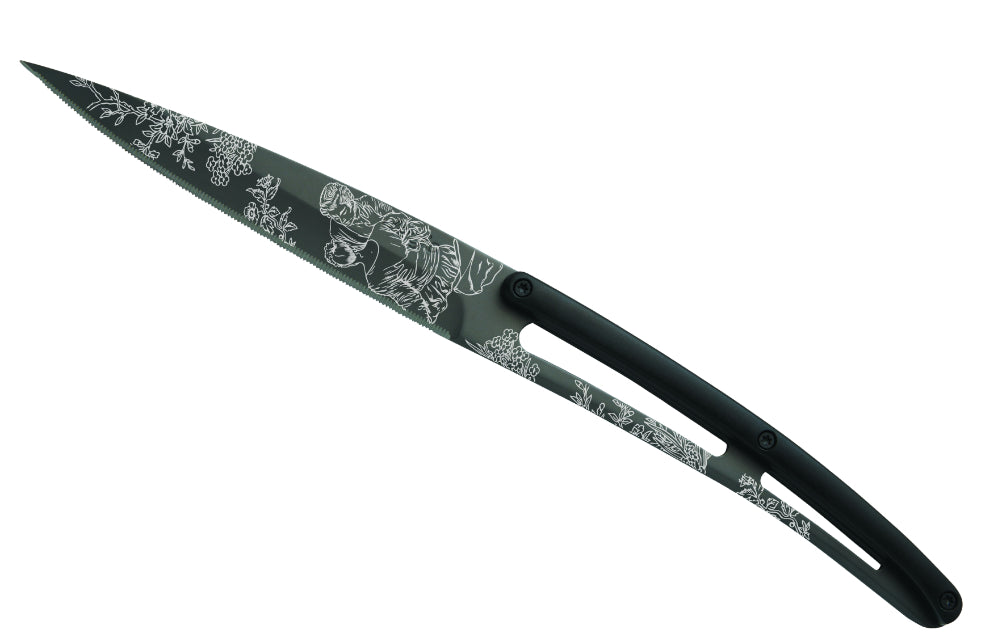 Deejo Set di 6 coltelli da bistecca lama nera in titanio lama seghettata manico nero in ABS design Toile de Jouy