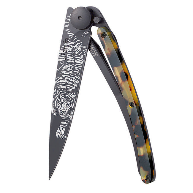 Deejo Tattoo Coltello di chiusura, nero guscio di tartaruga Tigre