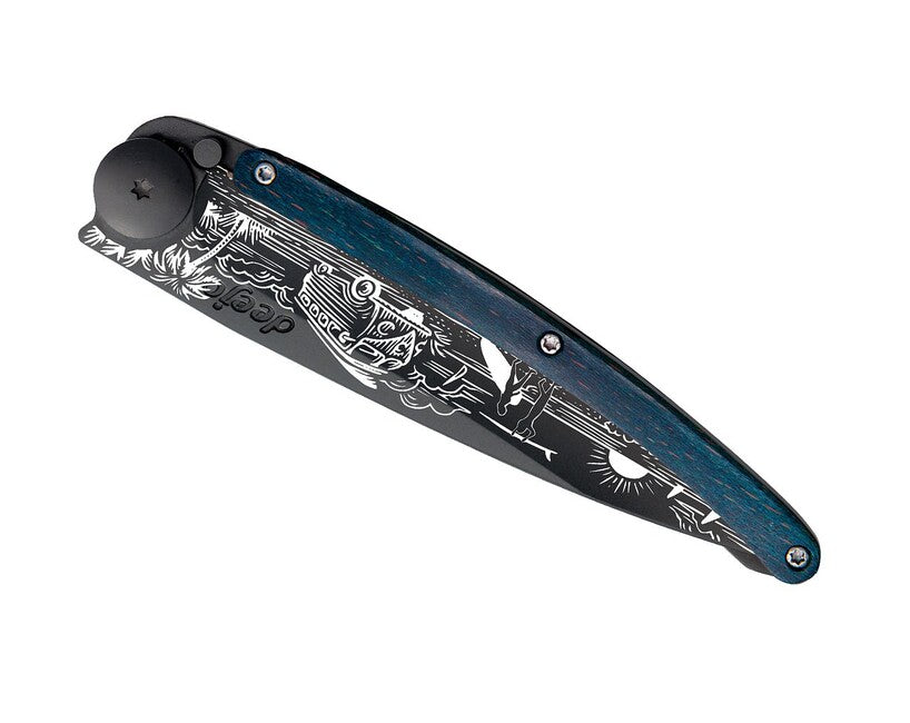 Deejo Tattoo coltello pieghevole, nero faggio blu Van Life