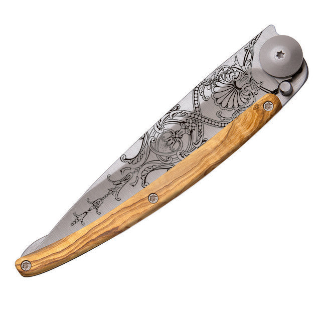 Deejo Tattoo coltello di chiusura in legno d'ulivo Versailles