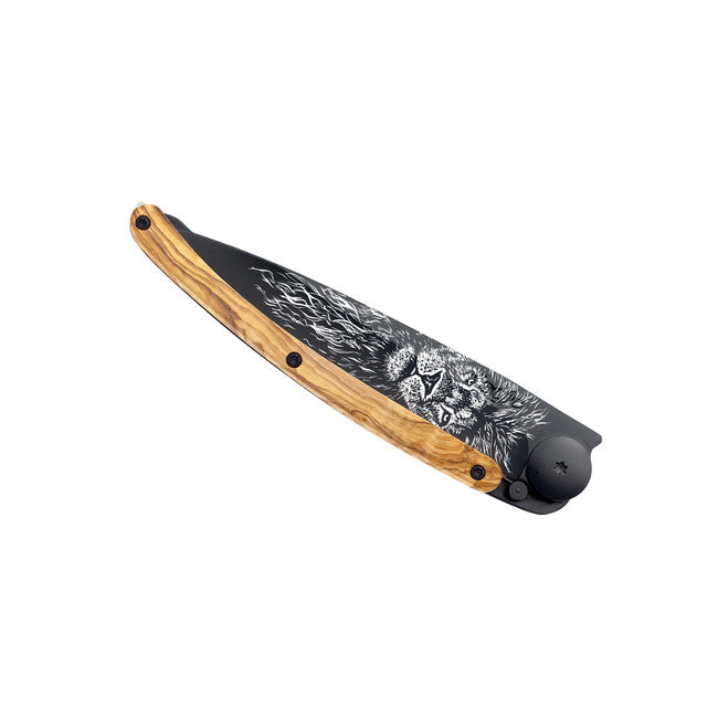 Deejo Tattoo Coltello di chiusura Legno di oliva nero Leo