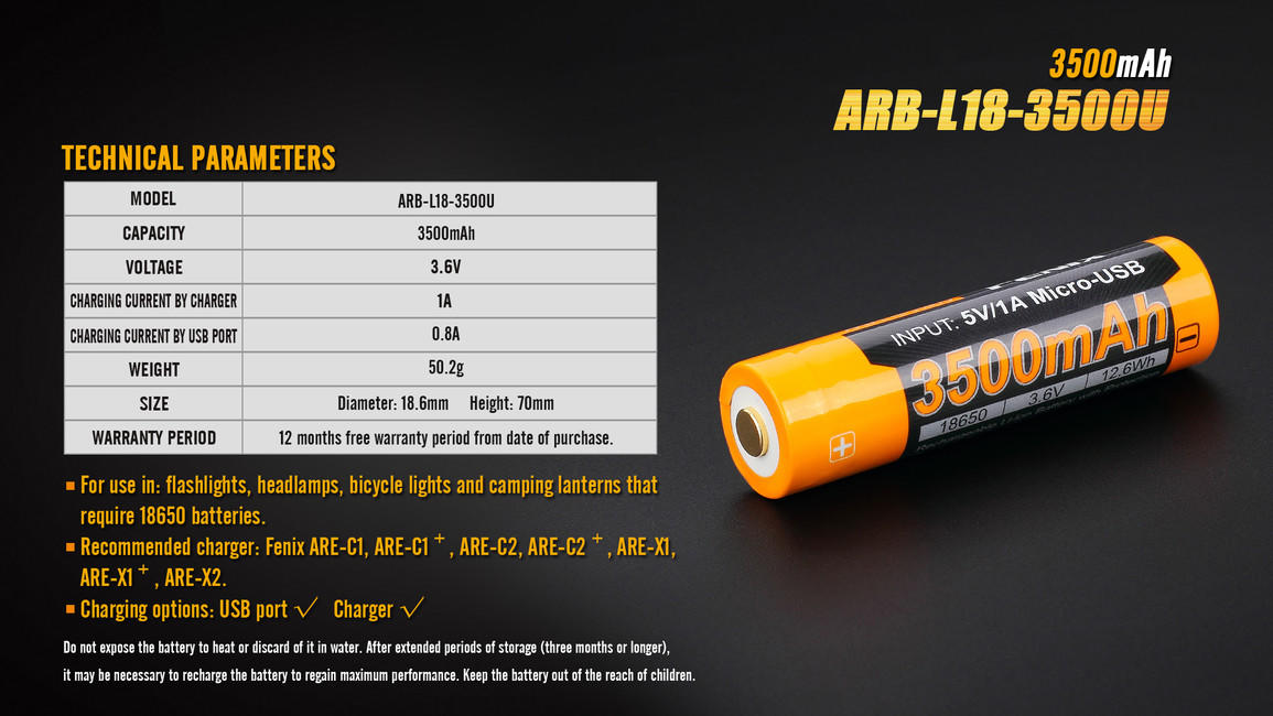 Fenix USB batteria ricaricabile 18650, 3500 mAh, li-ion