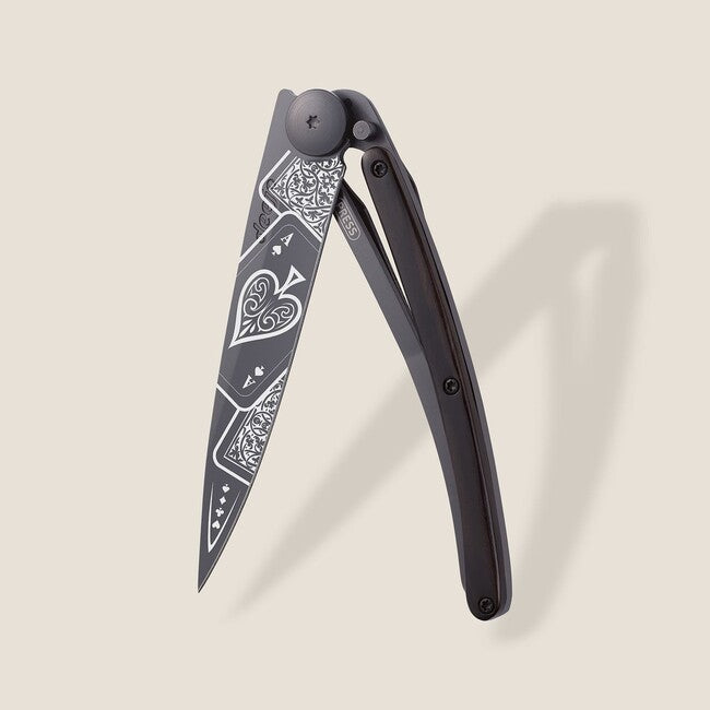 Deejo coltello chiusura nero tatuaggio biker legno ebano buona fortuna