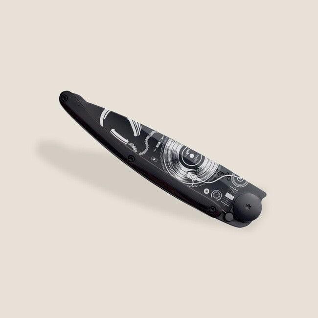 Deejo Tattoo Folding Knife, Black Ebony Wood Vinyl