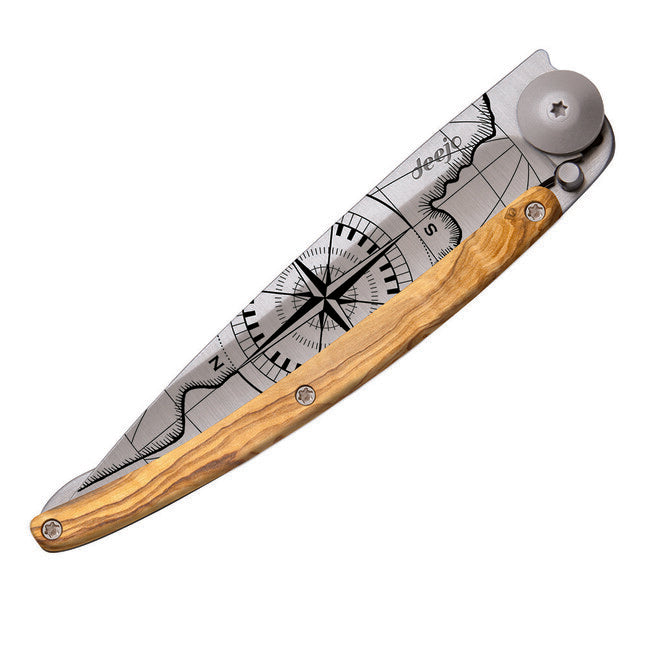Deejo Tattoo coltello da chiusura in legno d'ulivo Terra incognita