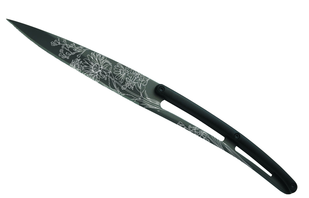 Deejo set di 6 coltelli da bistecca lama nera in titanio lama seghettata manico nero abs design Blossom