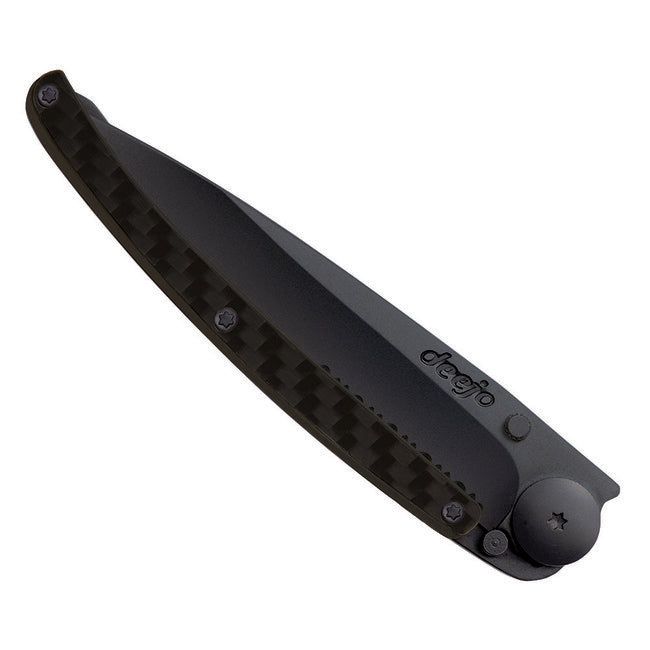 Deejo Coltello di chiusura seghettato, nero carbonio
