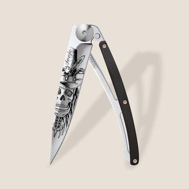 Deejo Tattoo coltello di chiusura Specchio in legno d'ebano Dandy Skull